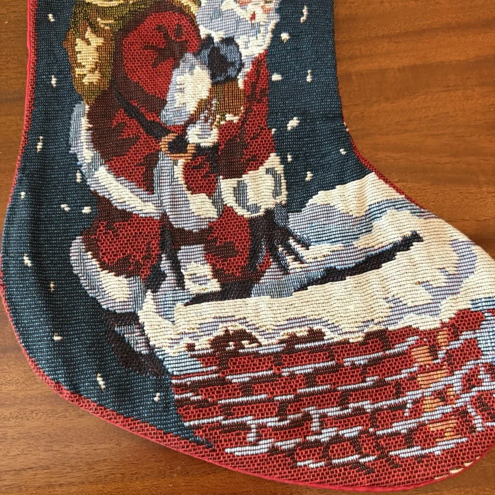 Vintage Tapestry Christmas Stocking Santa on Chimney – 18